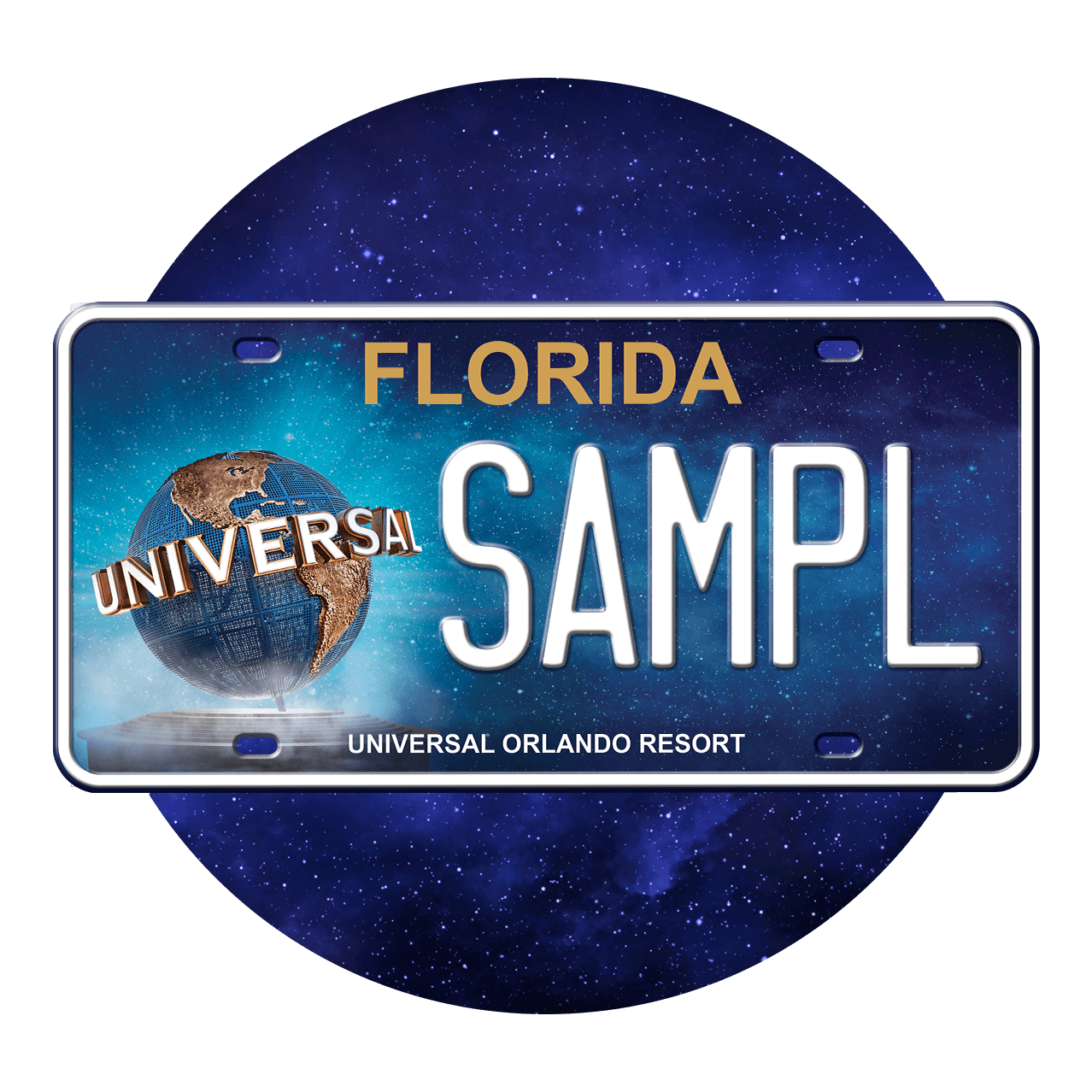 Placa de carro da Flórida com o globo do Universal e letras "SAMPL" contra um fundo estrelado.