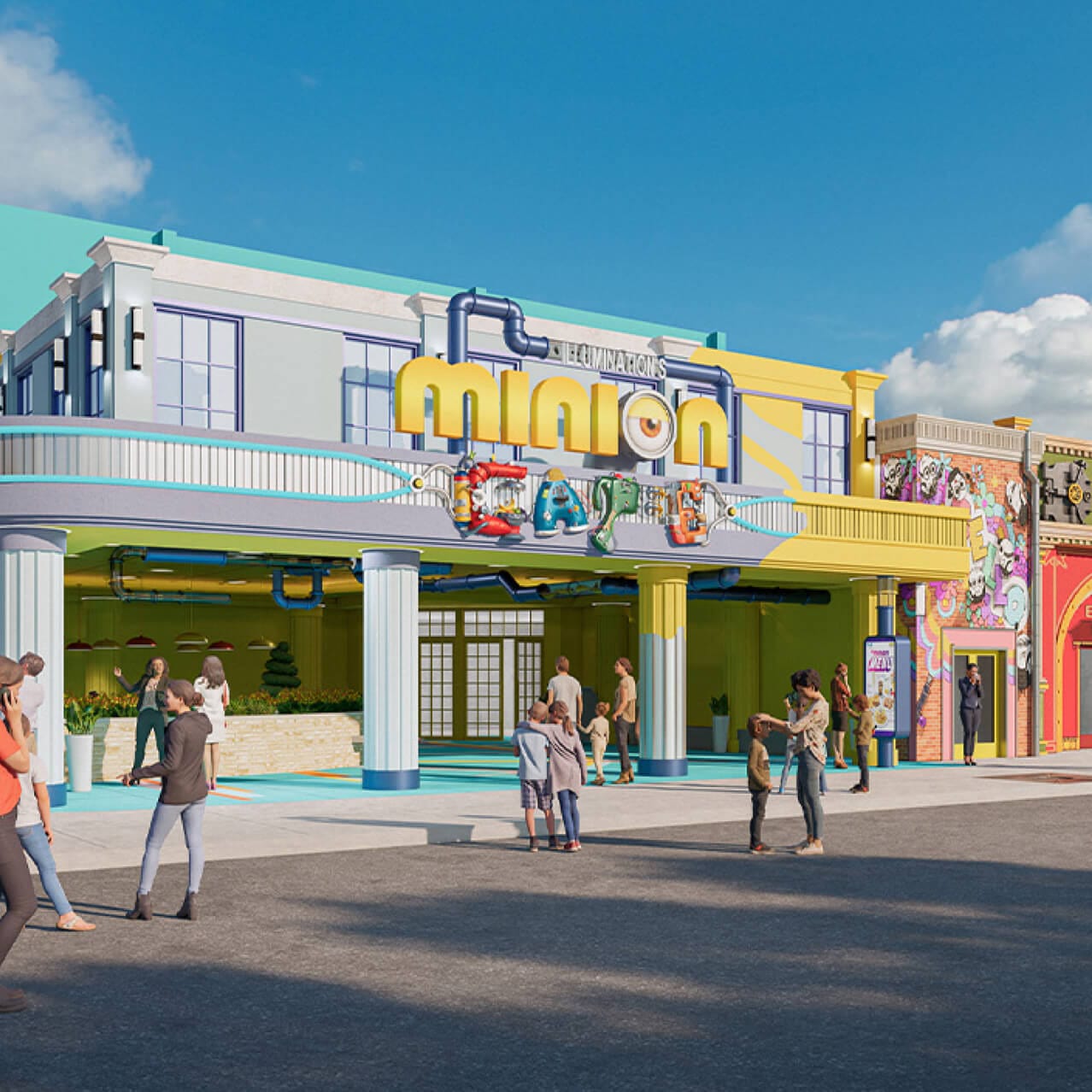 Uma renderização do exterior frontal do Illumination's Minion Cafe com vários visitantes do parque andando pelas ruas da Illumination's Minion Land.