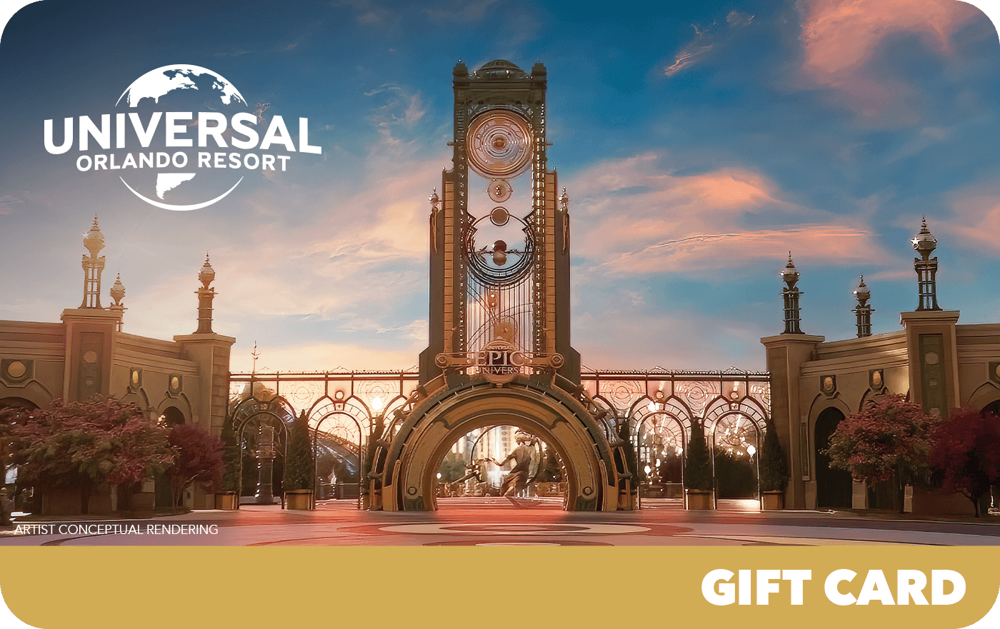 Um vale-presente do Universal Orlando Resort com a entrada do Epic Universe na parte da frente.