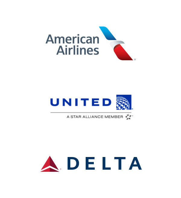 Logotipos da American Airlines, United Airlines e Delta Airlines