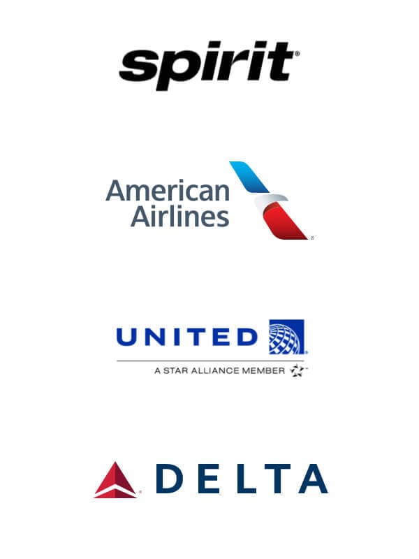 Os logotipos da Spirit Airlines, American Airlines, United Airlines e WestJet Airlines lado a lado
