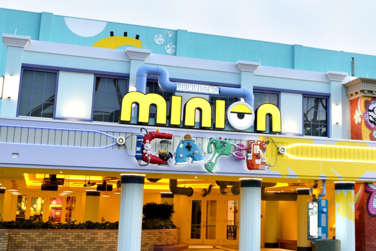 Cloudy&nbsp;blue&nbsp;skies&nbsp;above&nbsp;the&nbsp;front&nbsp;entrance&nbsp;of&nbsp;Illumination's&nbsp;Minion&nbsp;Cafe&nbsp;inside&nbsp;of&nbsp;Minion&nbsp;Land&nbsp;at&nbsp;Universal&nbsp;Studios&nbsp;Florida.