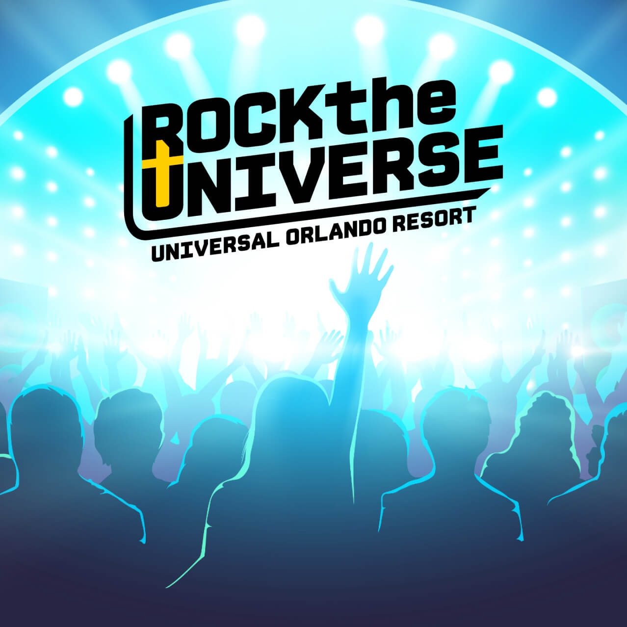 The Rock the Universe logo placed over an image of a person raising their hand while standing in a crowd in front of a stage with bright blue and white lights.