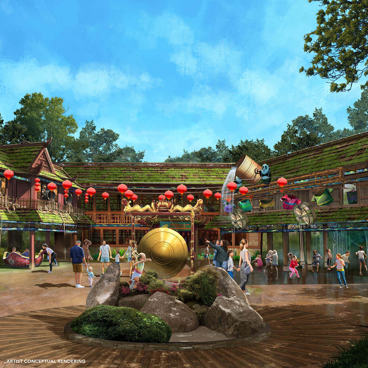 Renderização conceitual do campo de treinamento de Kung Fu do Po na DreamWorks Land, no Universal Studios Florida.