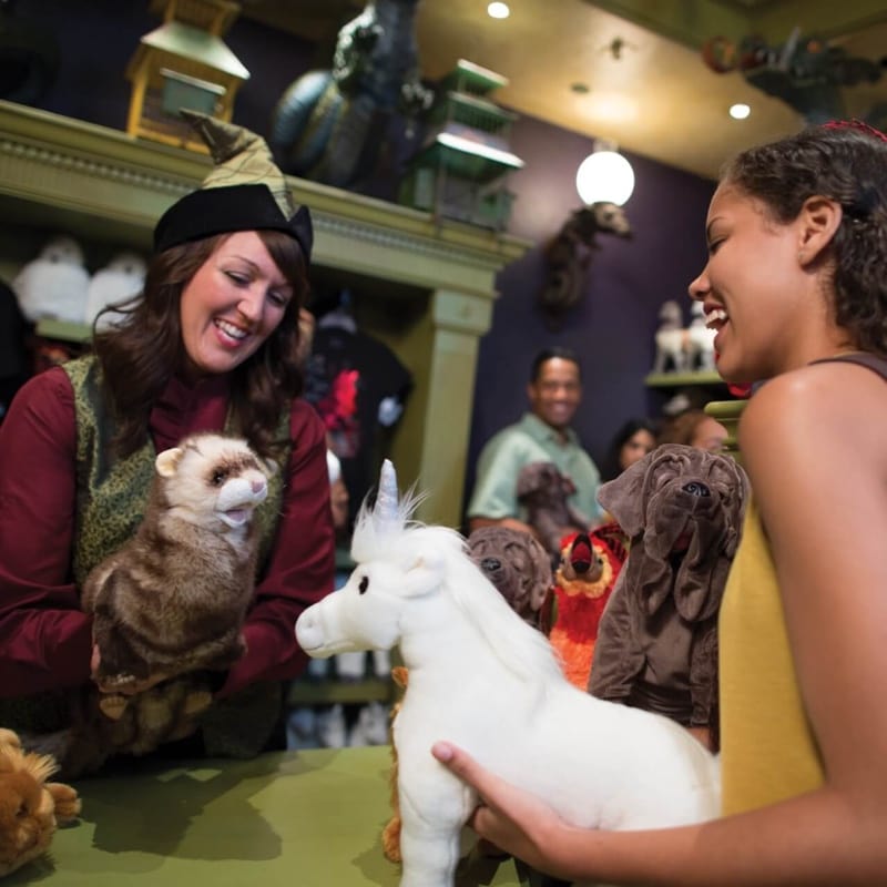 Um membro da equipe e um visitante olhando para animais de pelúcia à venda