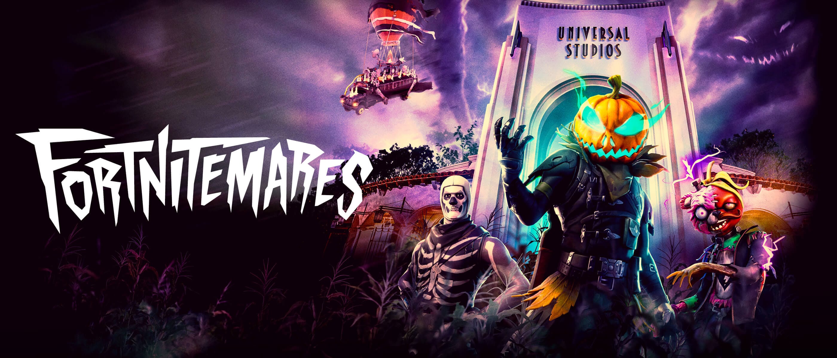 Ominous Fortnitemares characters loom in front of the Universal Studios arch against a purple sky with the Fortnitemares logo to the left.