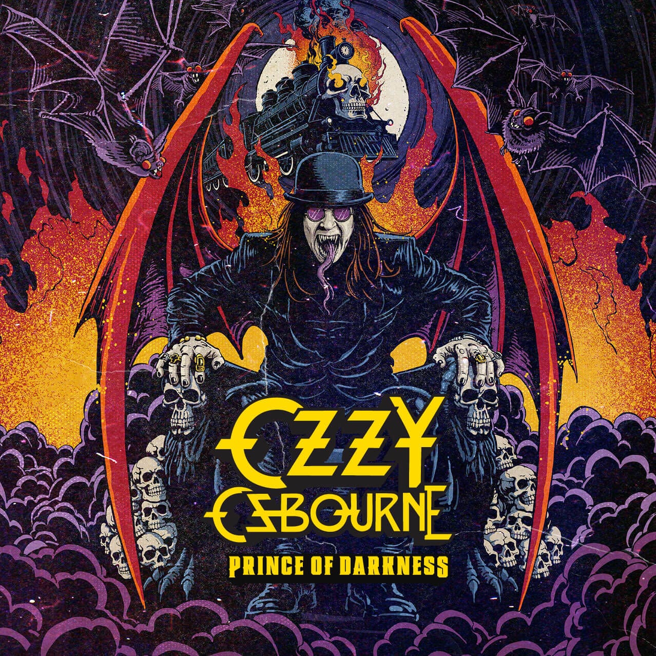 “OZZY OSBOURNE PRINCE OF DARKNESS” over a rendering of him with red wings and a forked tongue amid flames, bats and skulls.