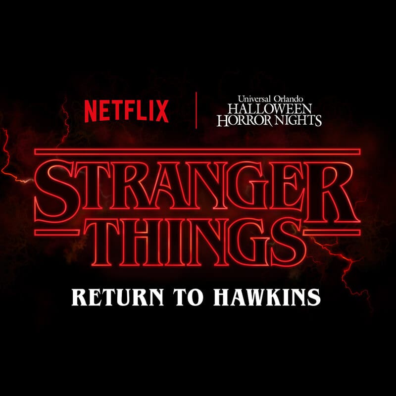 Dark promotional banner featuring the graphic for Stranger Things: Return to Hawkins at Halloween Horror Nights.