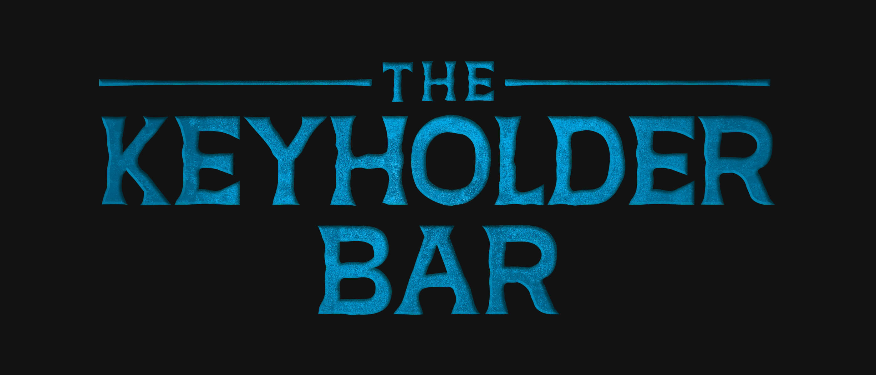Logotipo de Halloween Horror Nights "The Keyholder Bar" com texto azul-claro centralizado sobre um fundo preto escuro.