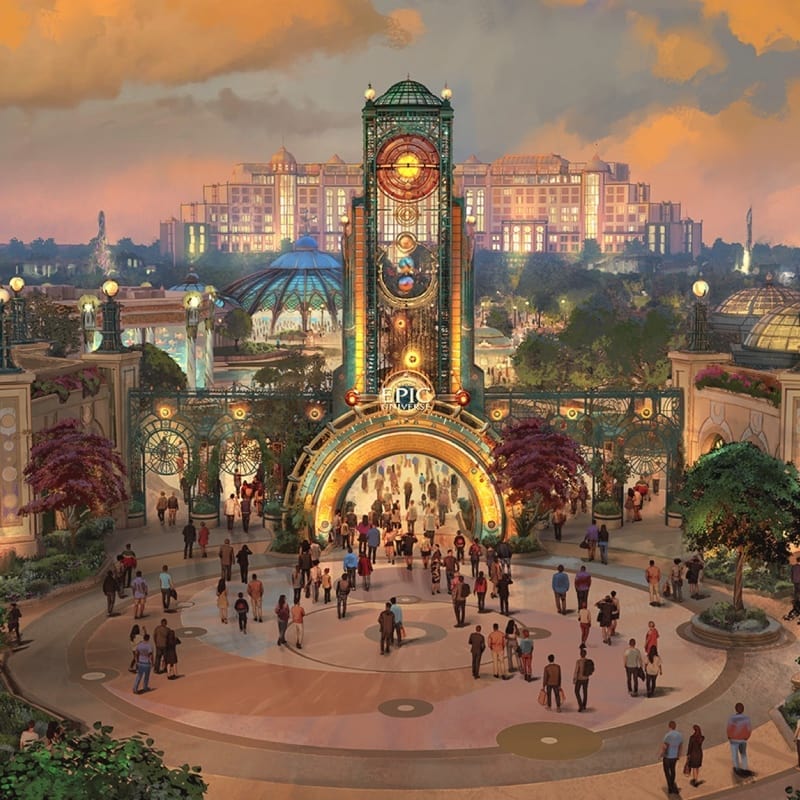 Representación conceptual de un artista de la plaza de la entrada a Universal Epic Universe y su icónica torre Chronos.