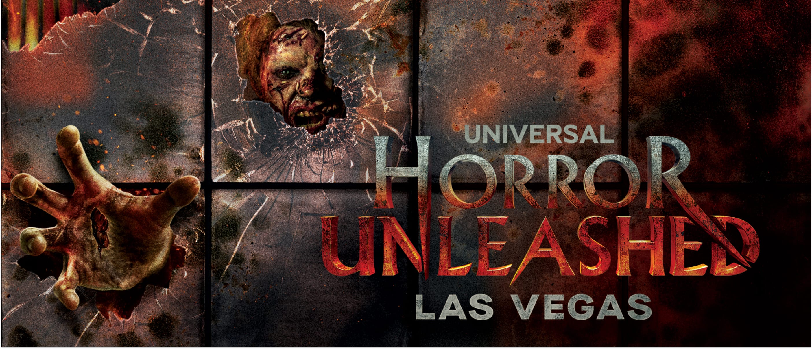 Una criatura con heridas en el rostro y manos saliendo de una ventana con las palabras “Universal Horror Unleashed Las Vegas”