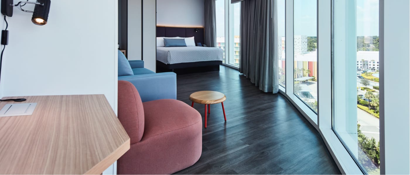 An interior view of a standard guest room at Universal’s Aventura Hotel