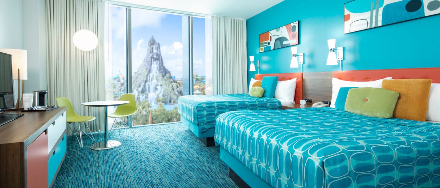 Interior view of a standard Universal Cabana Bay Beach Resort retro room