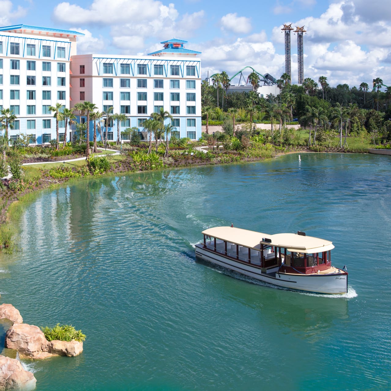 A Water taxi in the bay at the Loews Sapphire Falls Resort