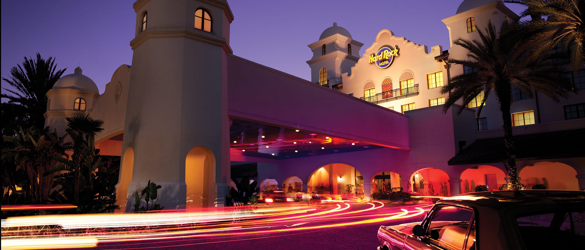 A time lapse photo of the exterior of the Hard Rock Hotel at Universal Orlando Resort.