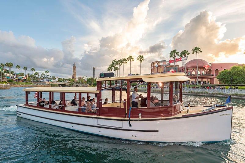 A water taxi carries guests to CityWalk from an on site resort hotel at Universal Orlando.