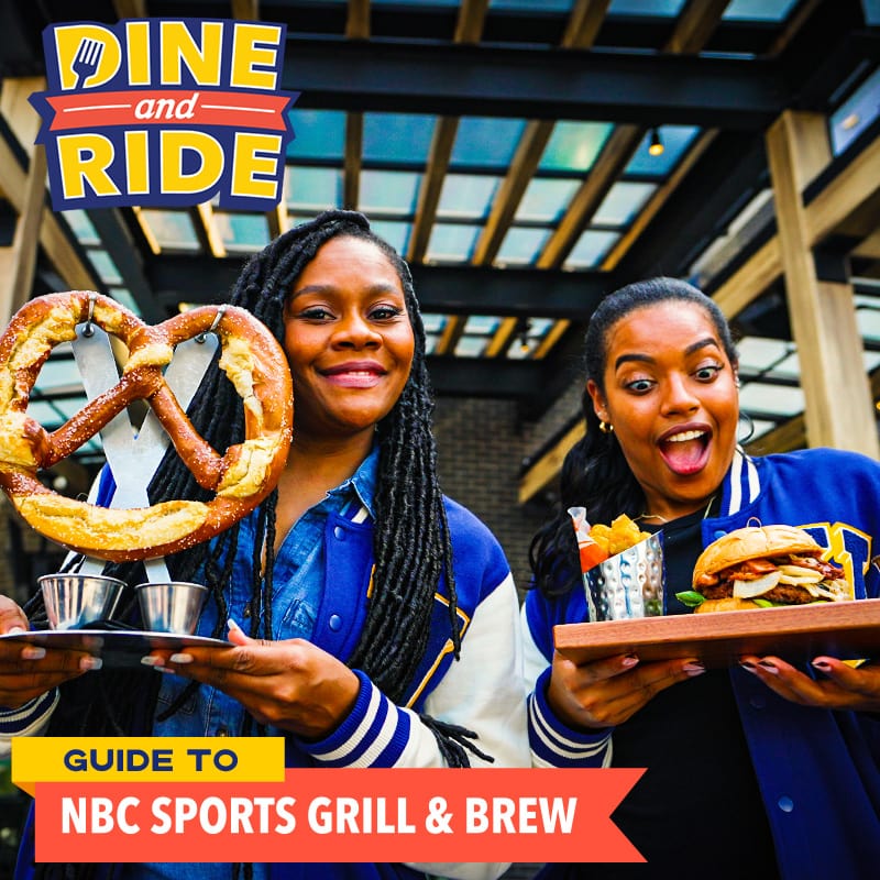 Dine and Ride Hosts holding a burger and an extra-large pretzel with the words ‘Dine n Ride: NBC Sports Grill & Brew’ at the bottom left.