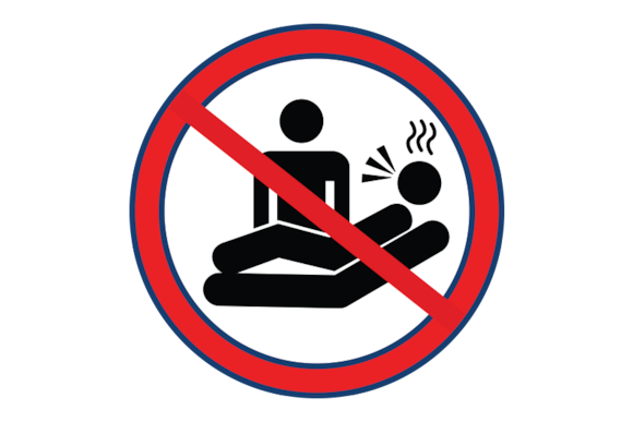 Strikethrough of a graphic of a person standing next to another person lying down coughing with a fever.