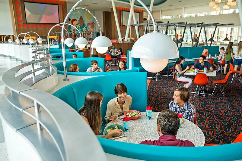 Universal S Cabana Bay Beach Resort At Orlando A Retro Guests Dine In The Bold Blue Booths Of Retro Bayliner Diner At Universal S Cabana Bay