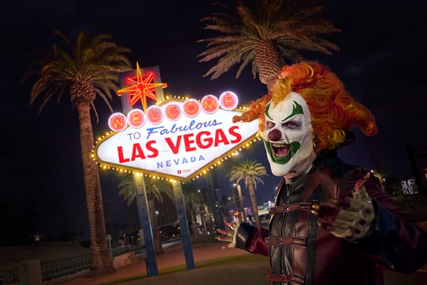 Jack the Clown in front of the Welcome to Las Vegas sign. IMAGE ALIAS LINK: mod7image