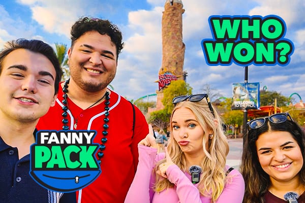 Who won? Fanny Pack. Group of friends in front of Pharos at Universal Islands of Adventure.