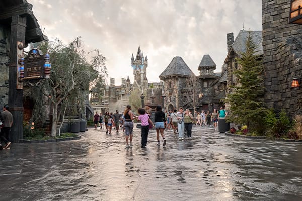 Guests walking through Dark Universe at Universal Epic Universe.
