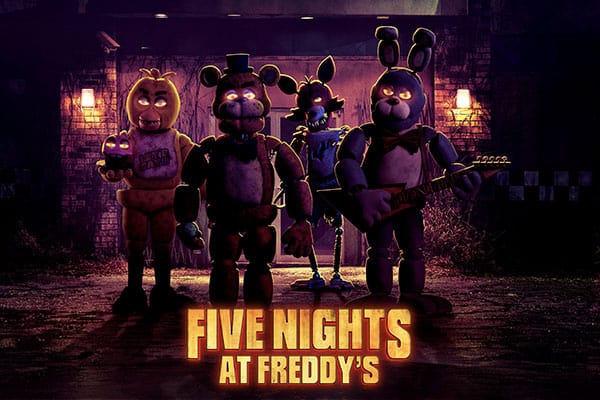 Freddy, Bonnie, Chica and Foxy standing in front of Fazbear's Pizzeria alongside The Five Nights at Freddy's logo.