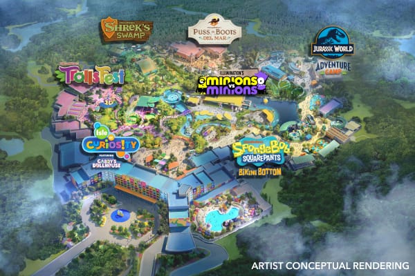Artist conceptual rendering - a bird's eye view of Universal Kids Resort.