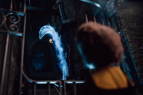 A guest watching a glowing, dolphin-shaped patronus appear in a darkened Diagon Alley™ staircase.