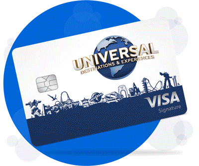 Gif that cycles through the Hero Universal Rewards Visa Signature® Card on a blue circle background, the Jurassic Universal Rewards Visa Signature® Card on a green circle background and the Minion Universal Rewards Visa Signature® Card on a yellow circle background.