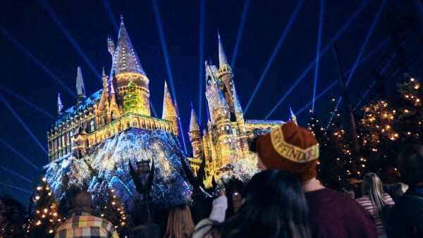 Guests viewing the castle projection show, The Magic of Christmas at Hogwarts™ Castle during the Holidays at Universal.