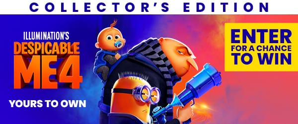 A promotional banner for Illumination's Despicable Me 4 Collector's Edition sweepstakes. The image features Gru, Bob the Minion, and Gru Jr. with the text 