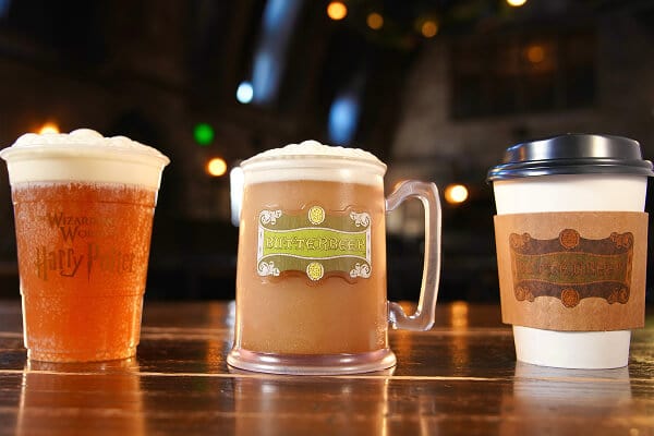Cold, frozen, and hot Butterbeer™ products shown in a lineup