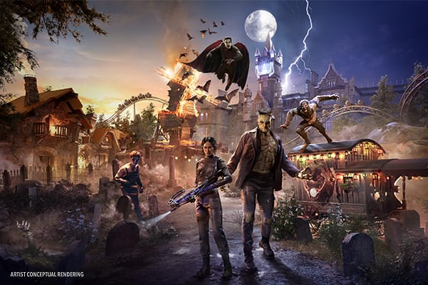 Artist conceptual rendering - Key art for Dark Universe at Universal Epic Universe. The rendering shows multiple attractions found within this world as well as several monstrous characters, including Dr. Victoria Frankenstein and Frankenstein, that are found within this fog-shrouded land.