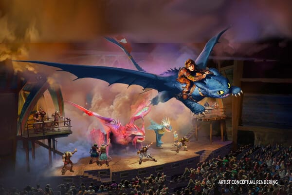 Epic Universe Isle of Berk show with Hiccup, Toothless, Vikings, and other dragons.