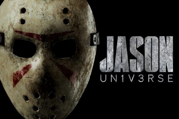 The words JASON UNIV3RSE next to Jason's hockey mask covered halfway by a shadow.