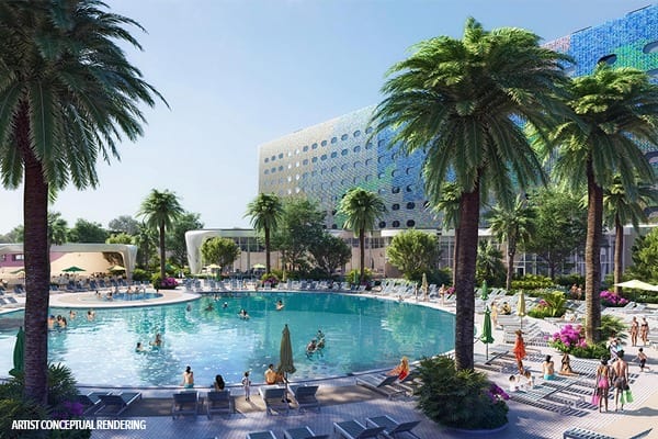 Artist conceptual rendering - poolside view of Universal Terra Luna Resort at Universal Orlando with lounge chairs and palm trees.
