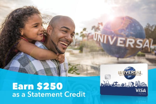 A smiling father and daughter by the Universal globe , a Universal Rewards card and  