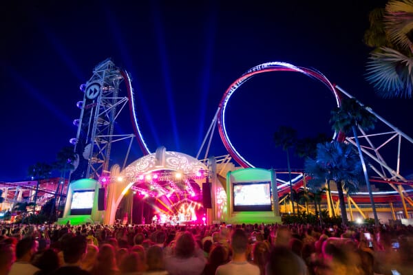 A live nighttime concert at Music Plaza Stage in Universal Studios Florida.