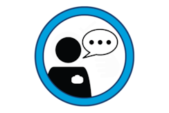 Pictogram of a comment bubble above a person wearing an identification badge.