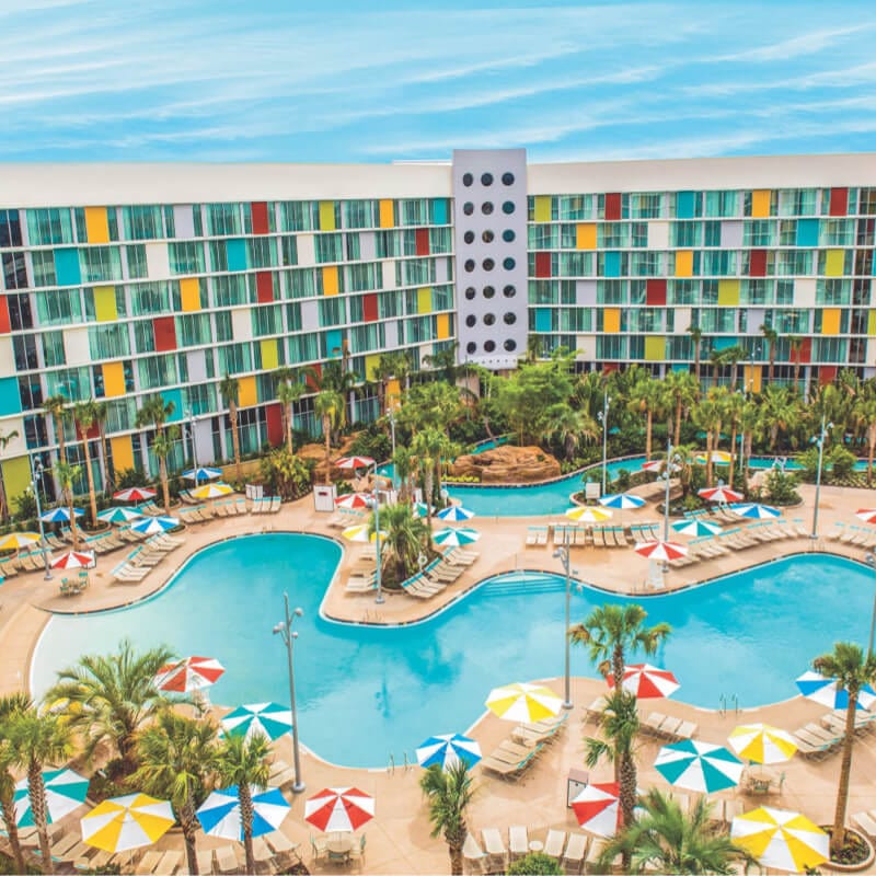 Poolside view of Cabana Bay Beach Resort at Universal Orlando.