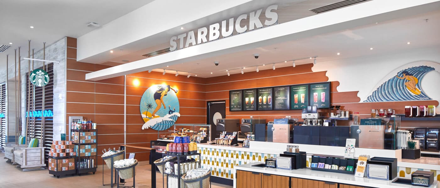 Within the lobby of Surfside Inn and Suites is a Starbucks.
