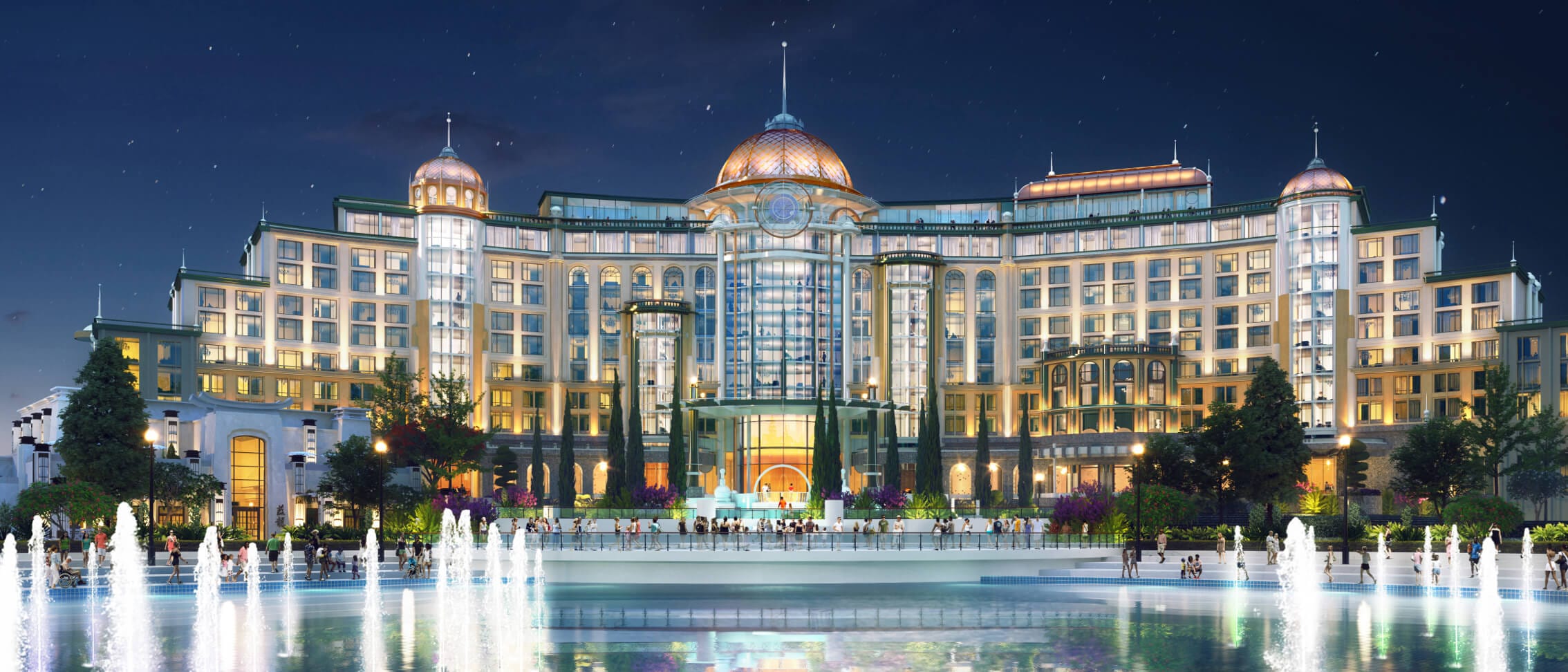 Artist conceptual rendering - The Universal Helios Grand Hotel’s parkside entrance to Universal Epic Universe in the evening.