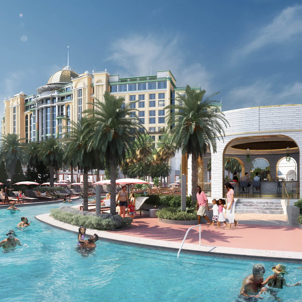  Artist conceptual rendering - Guests enjoying the pool and the Lotus Lagoon full-service pool bar at Universal Helios Grand Hotel.