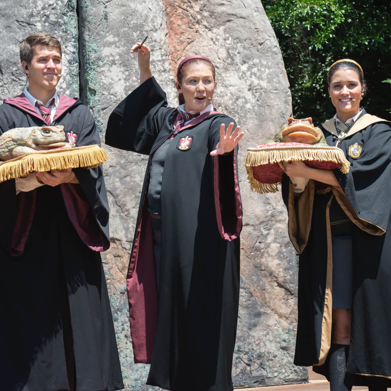 A small choir of Hogwarts™ students holding giant singing frogs.