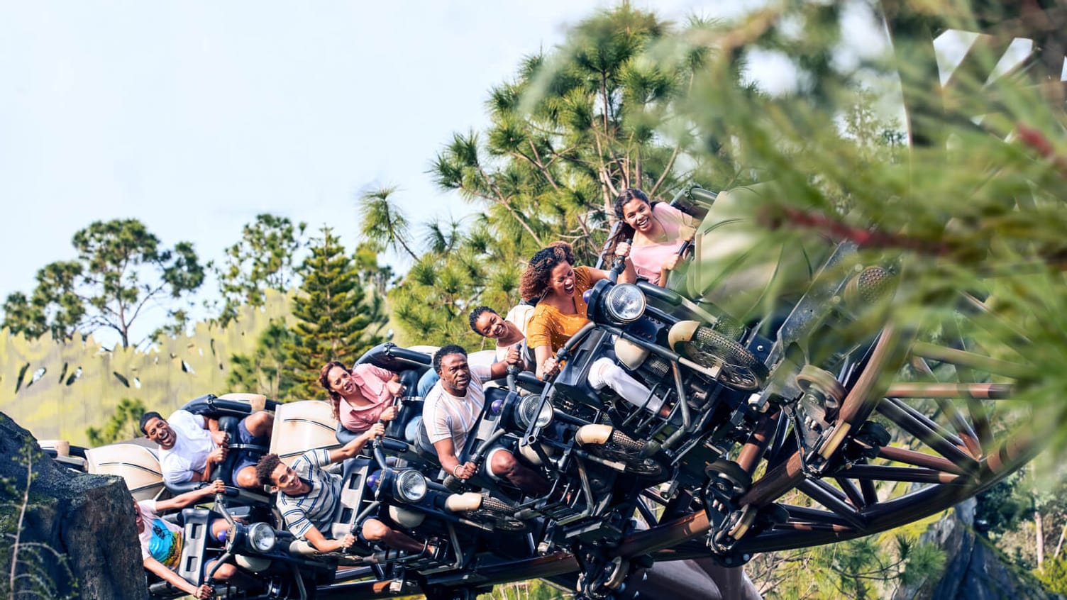 People screaming in excitement as they ride Hagrid’s Magical Creatures Motorbike Adventure™.