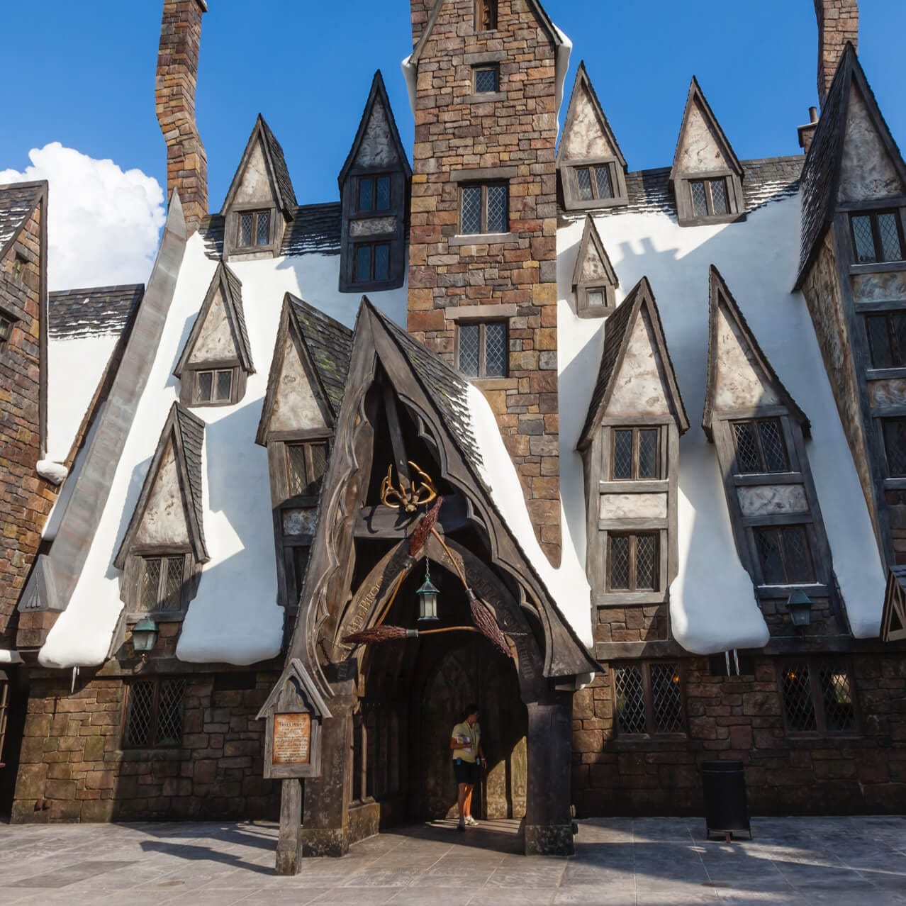 Snow covered entrance to the Three Broomsticks restaurant in The Wizarding World of Harry Potter Hogsmeade at Universal's Islands of Adventure.