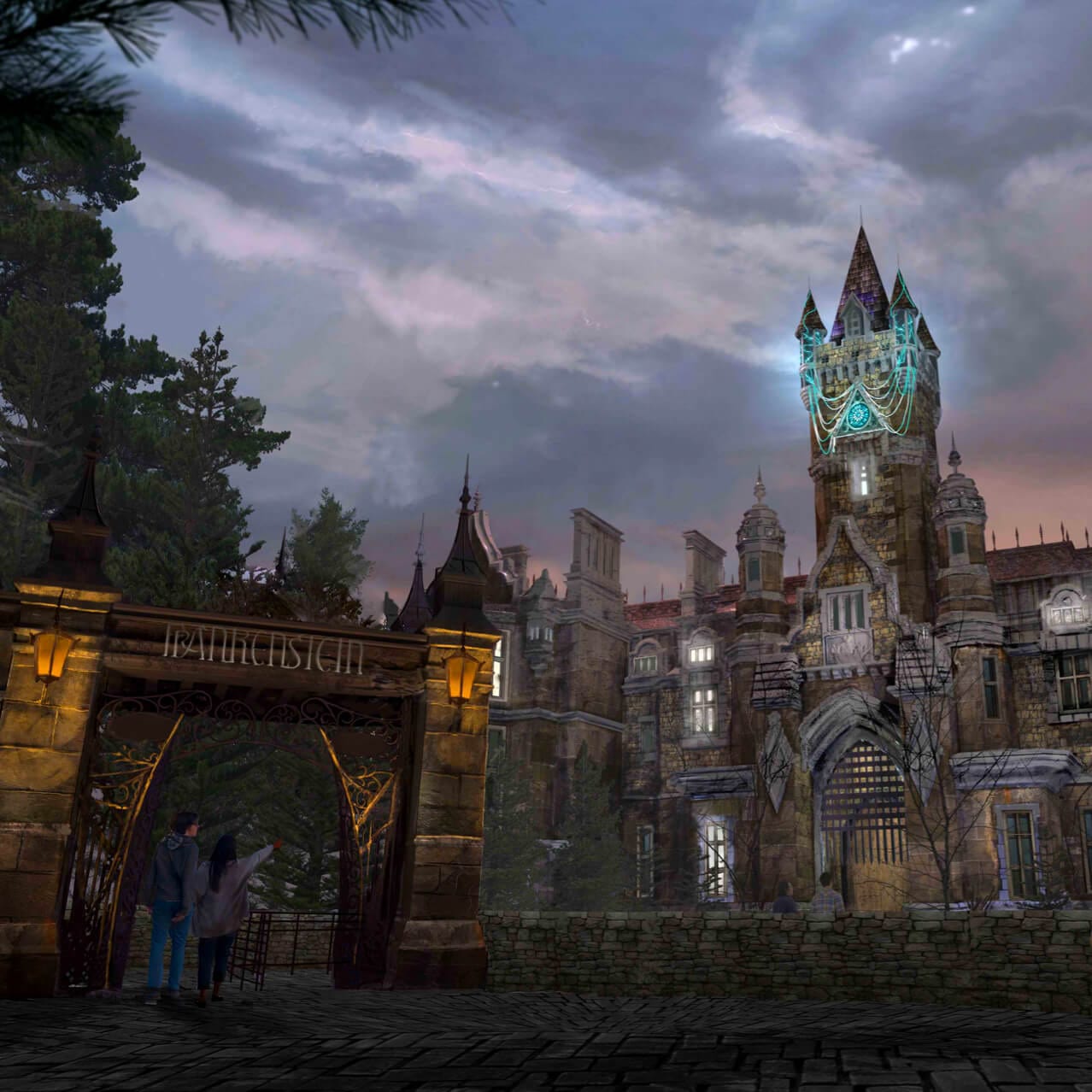 Rendu conceptuel de l’artiste – L’étrange manoir Frankenstein sur fond de ciel nuageux du soir dans Dark Universe.