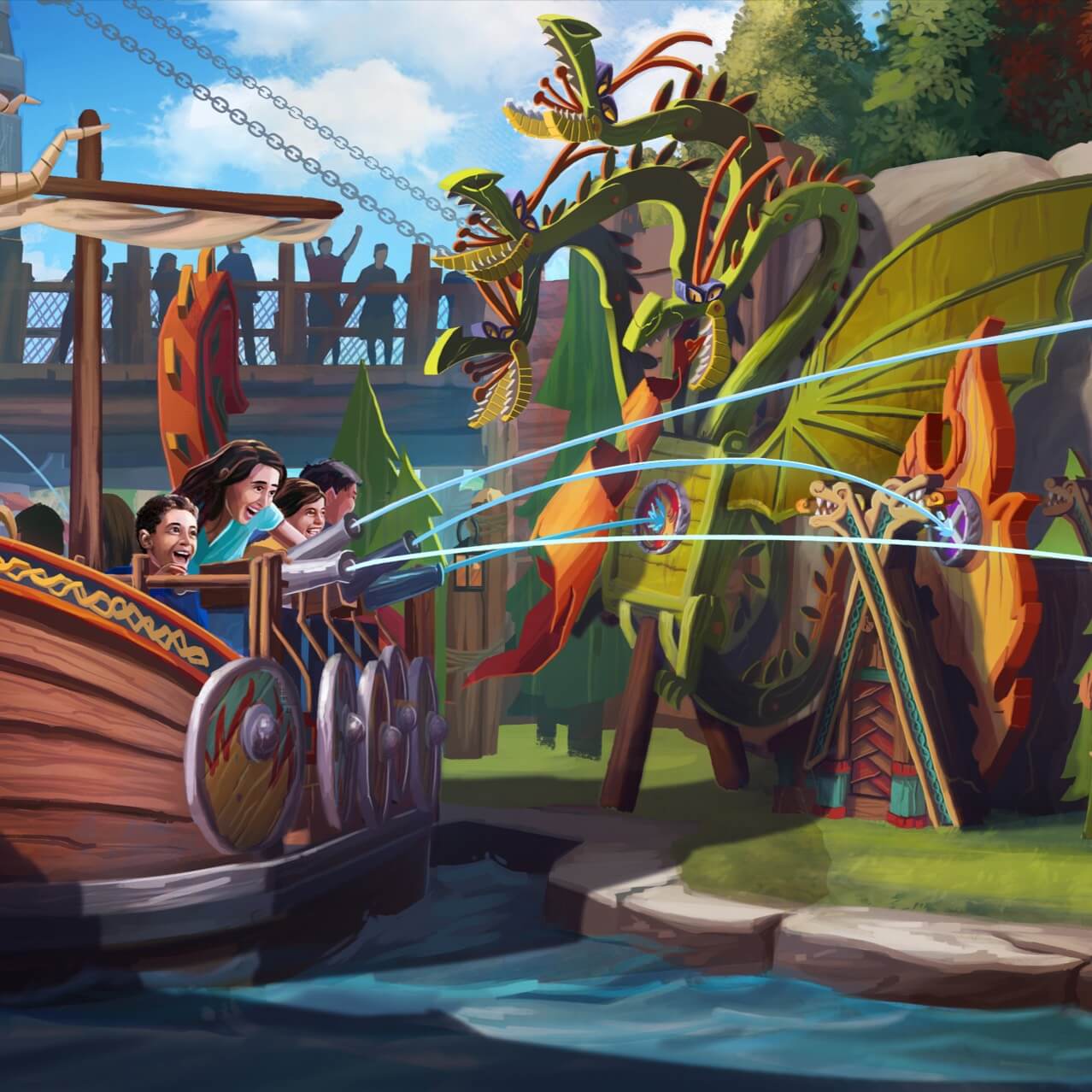 Artist conceptual rendering – Guests shoot water cannons at flame-like targets from Fyre Drill family ride in How to Train Your Dragon – Isle of Berk.