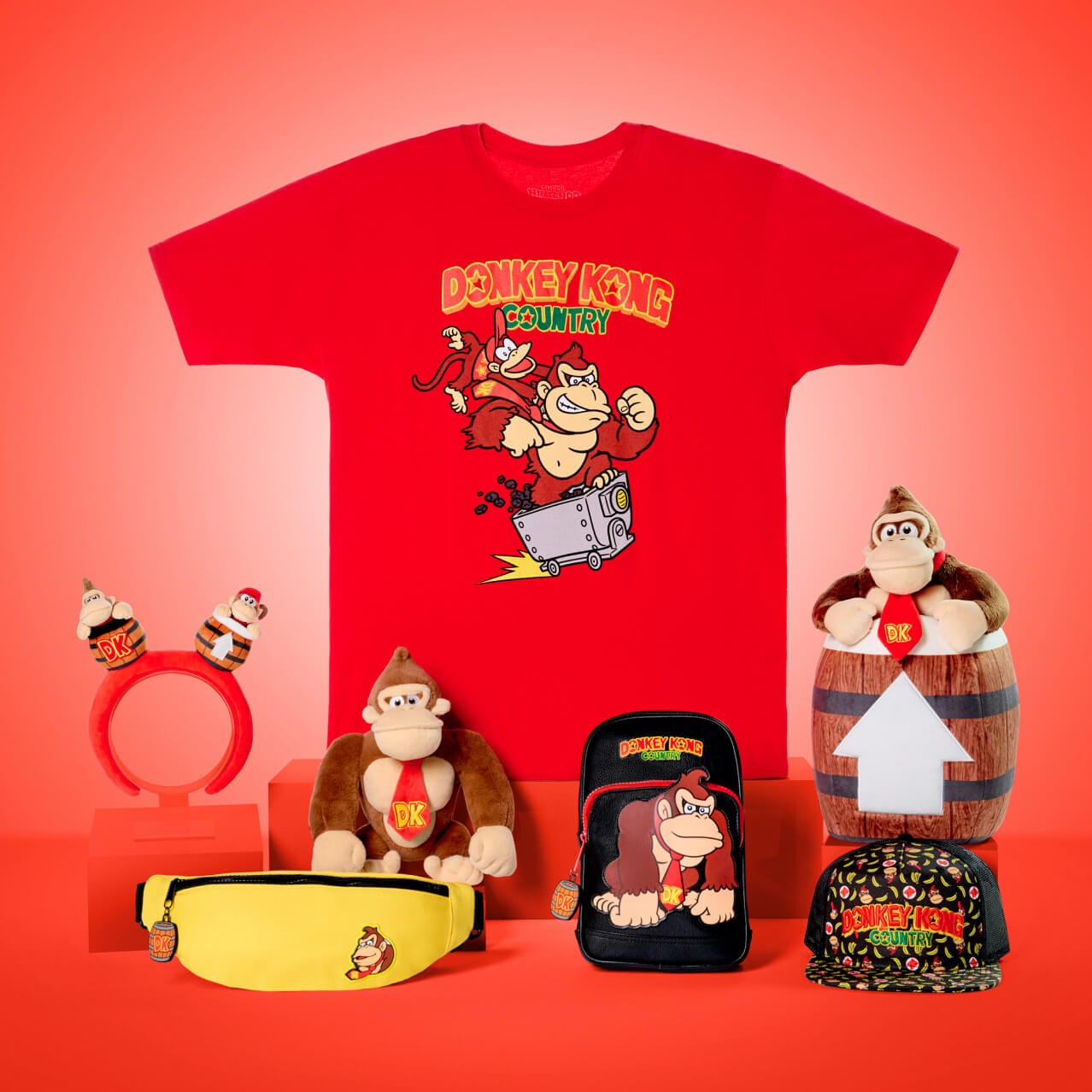 Donkey Kong Country™ merchandise, including t-shirts, backpacks, hats, fanny packs, and stuffies, at Universal Epic Universe.